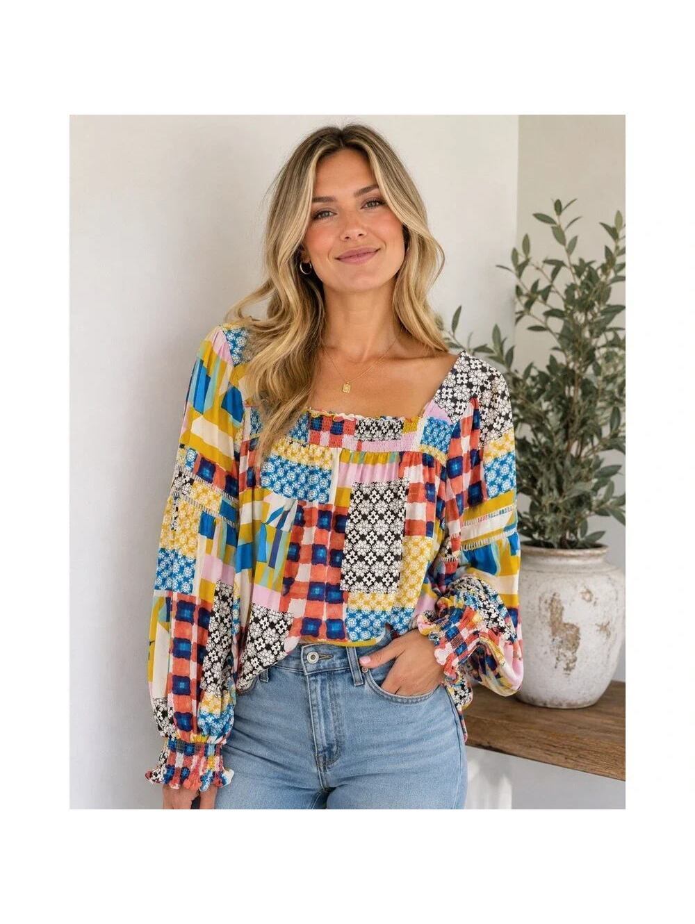 Fate Multicolor Patchwork Long-Sleeve Peasant Cottagecore Tunic Top Size S NWT